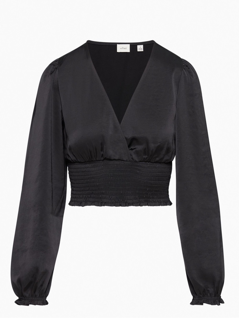 Wilfred Black Satin V-Neck Smocked Crop Top